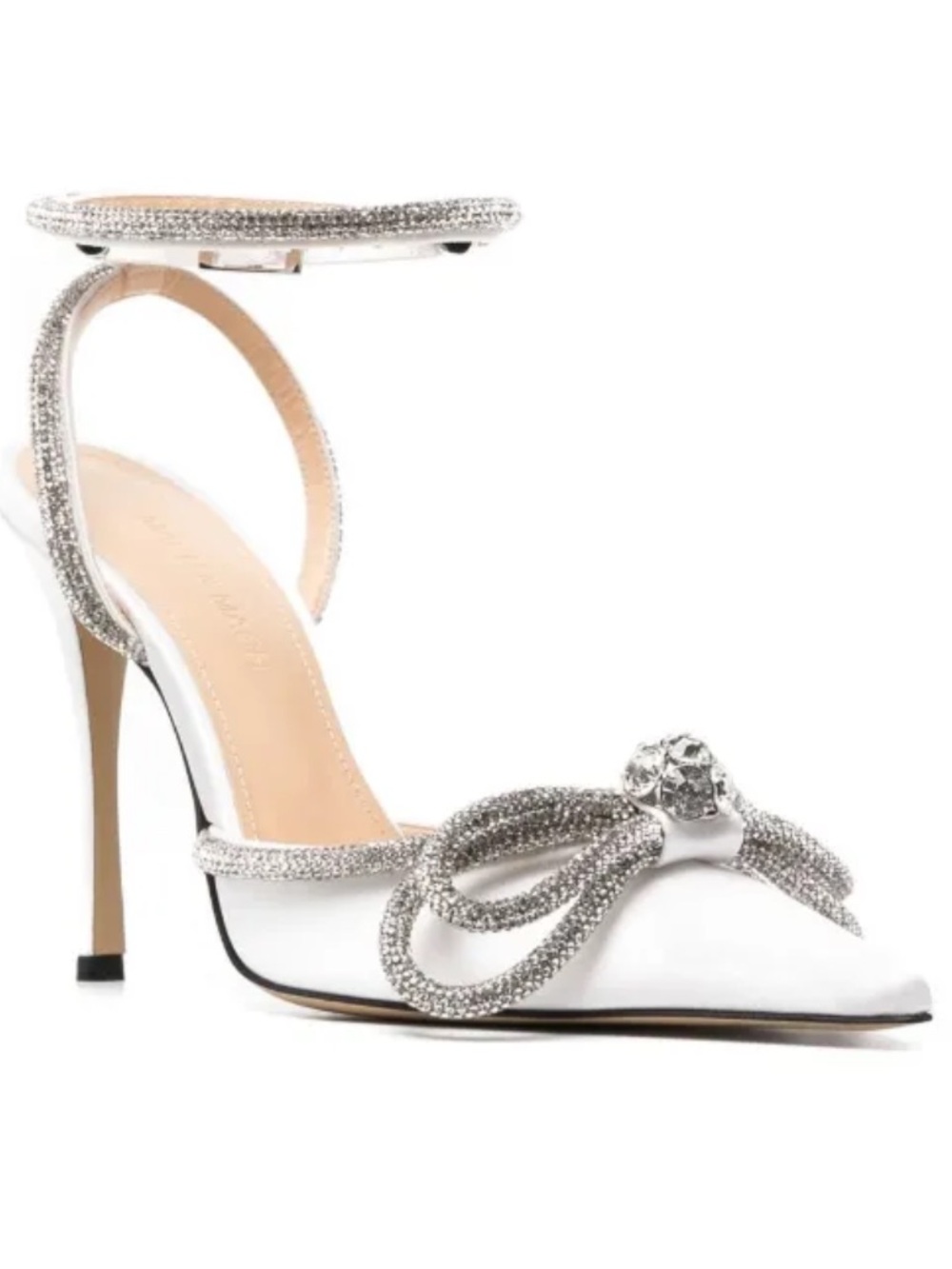 MACH & MACH White Satin Pointed-Toe Pumps with Crystal Bow and Ankle Strap